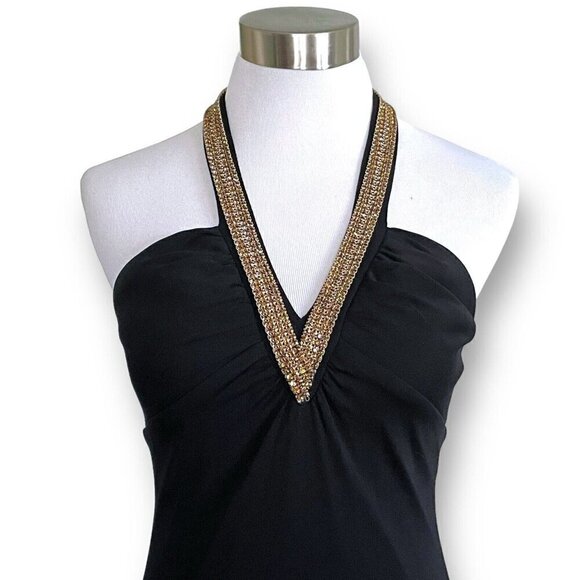 Y2K Vintage Prom Gown Sz P Petite Black Halter Rhinestone Halter Maxi Dress - Picture 6 of 12